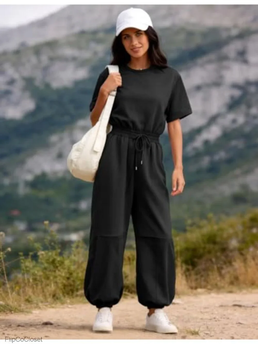 Womens One Piece Jumpsuit Casual Crewneck Wide Leg Romper Short Sleeve Cotton